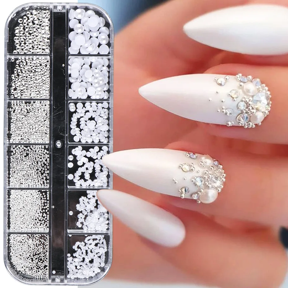 12 Grids White Half Round Pearl Nail Art Decoration Mixed Size Silver Gold Mini Steel Ball Rivet Rhinestone Nail Accessories