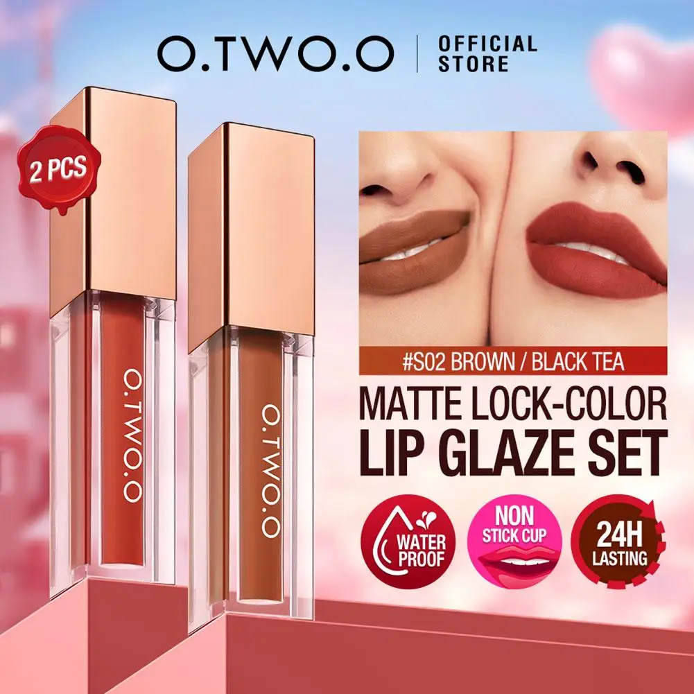 O.TWO.O 2 pz Rossetto Opaco Set di Trucco a Lunga Durata Impermeabile Color-blocking Lip Tint Sexy Antiaderente Velluto Lip Gloss Kit di Trucco