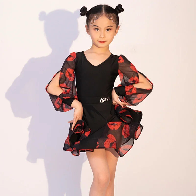 Girls Ballroom Dance Competition Dress Latin Dance Costume Kids Lip Print Cut-Out Sleeves Latin Dance Dresses