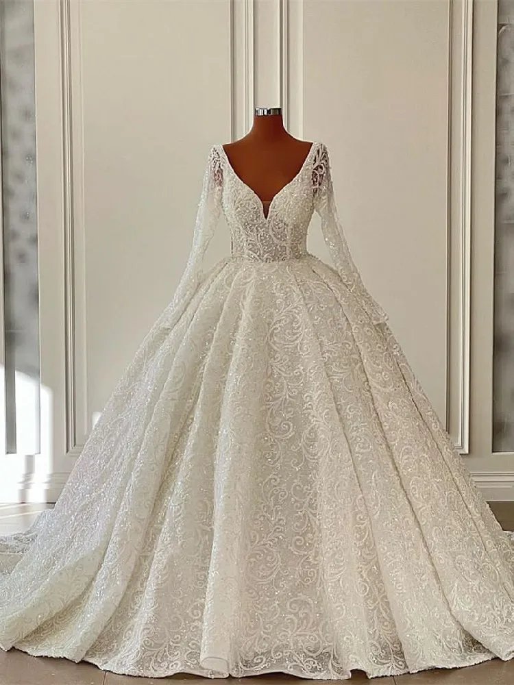 

Elegant Ball Gown Wedding Dresses Long Sleeves V Neck Sequins Appliques Beaded Ruffles Plus Size Bridal Gowns Vestina De Novia