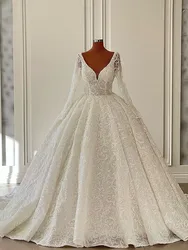 Vestido De Novia De manga larga con cuello en V y lentejuelas, traje elegante con volantes y cuentas, talla grande