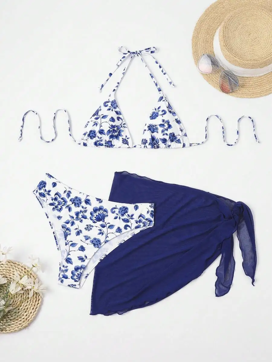 

Women's Floral Print Halter Tie Bikini Set with Sheer Cover-Up for Beach Vacation