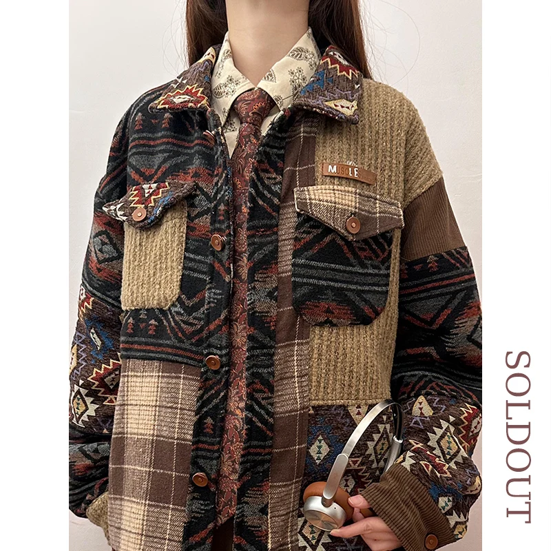 

Retro Patchwork Ethnic Style Women's Jacket Casual Versatile Spring Autumn Top Streetwear Loose Fit Long Sleeve Button Detail