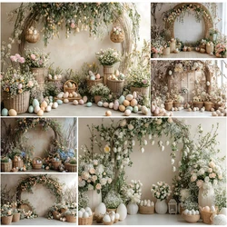 Spring Easter Photography Background Boho Flower Arch Door Bunny Colorful Eggs Rabbit Kids Birthday Decor Backdrop Photobooth