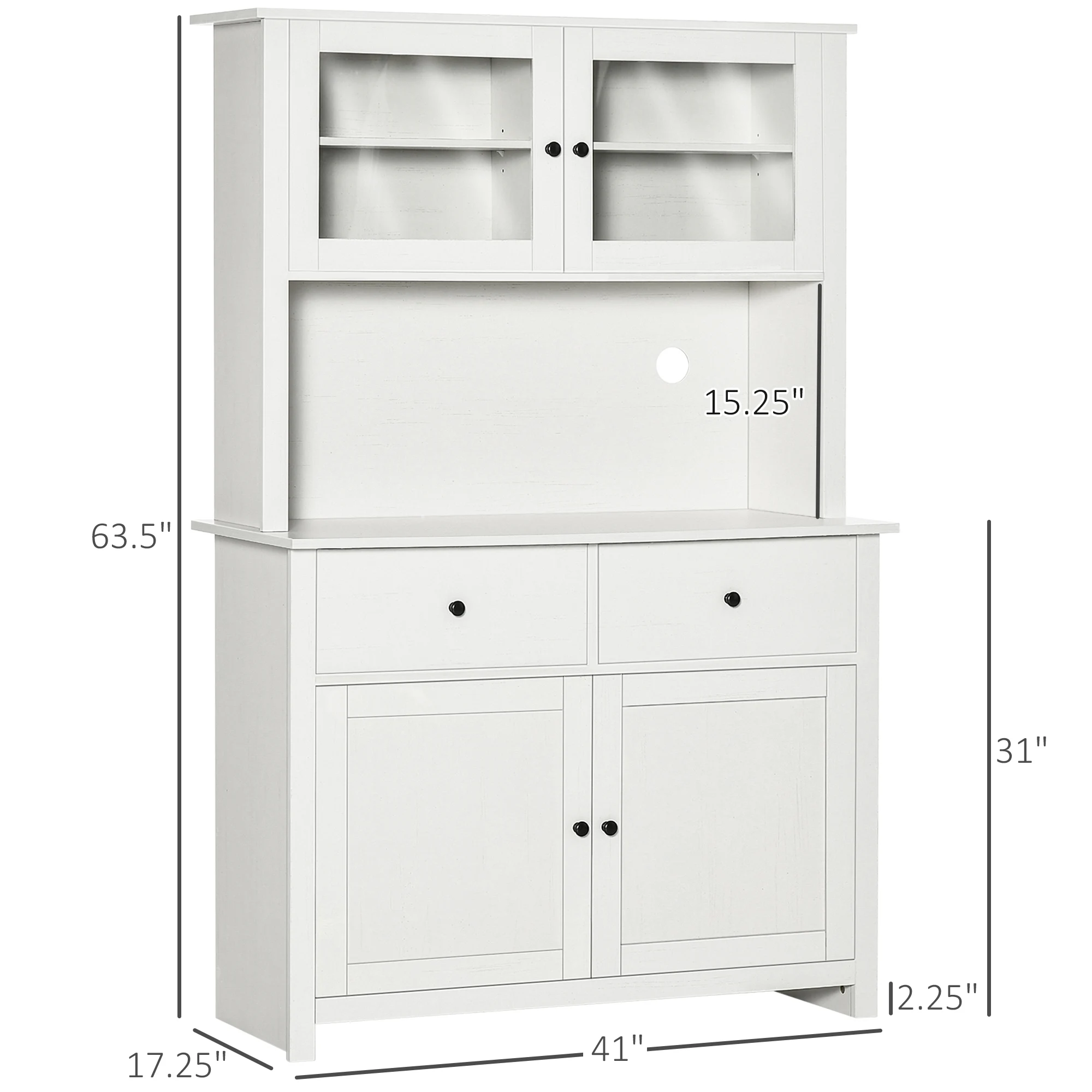 HOMCOM 63.5" Kitchen Buffet with Hutch, Pantry Storage Cabinet with 4 Shelves, Drawers, Framed Glass Doors, Open Microwave Countertop, Antique White image 3