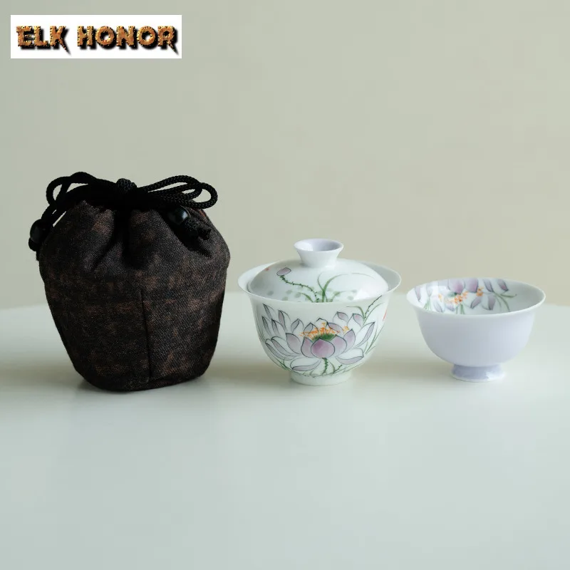 

Hand-painted Lotus With Fish Travel Tea Set Kit Ancient 1 Bowl 1 Cup Tea Maker Organizer Portable Outdoor Stock Bags Ornaments