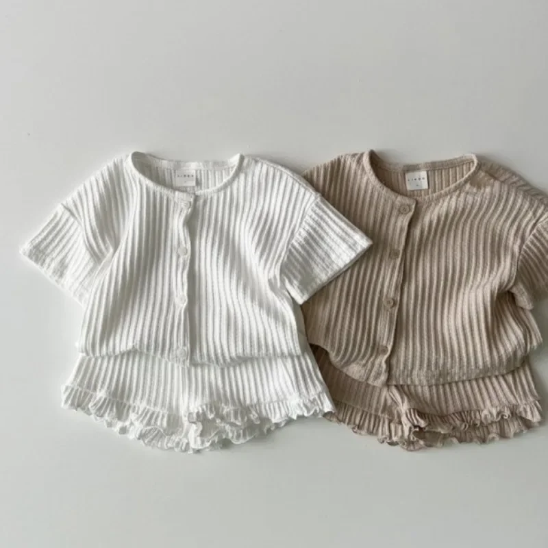 

INS Style Summer Kids Baby Thin Solid Color Boys Girls Short Sleeve Ruffle T-Shirt + Shorts Set For Children Casual 2pcs Outfits