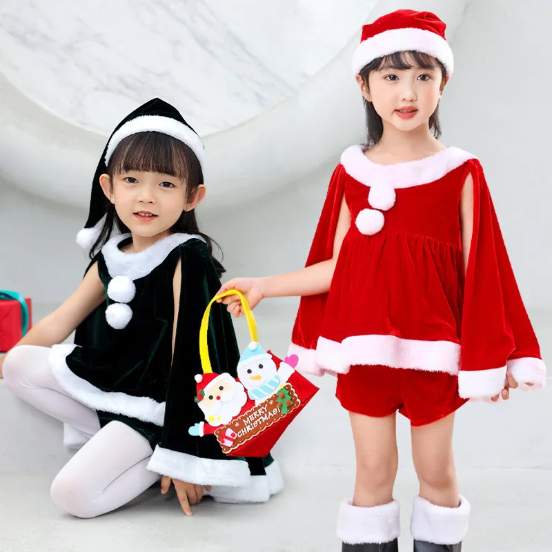 Santa Claus Costumes Kids Christmas Cosplay Party Clothing with Hat Cloak Skirt Santa Claus Stage Show Costumes Boys and Girls