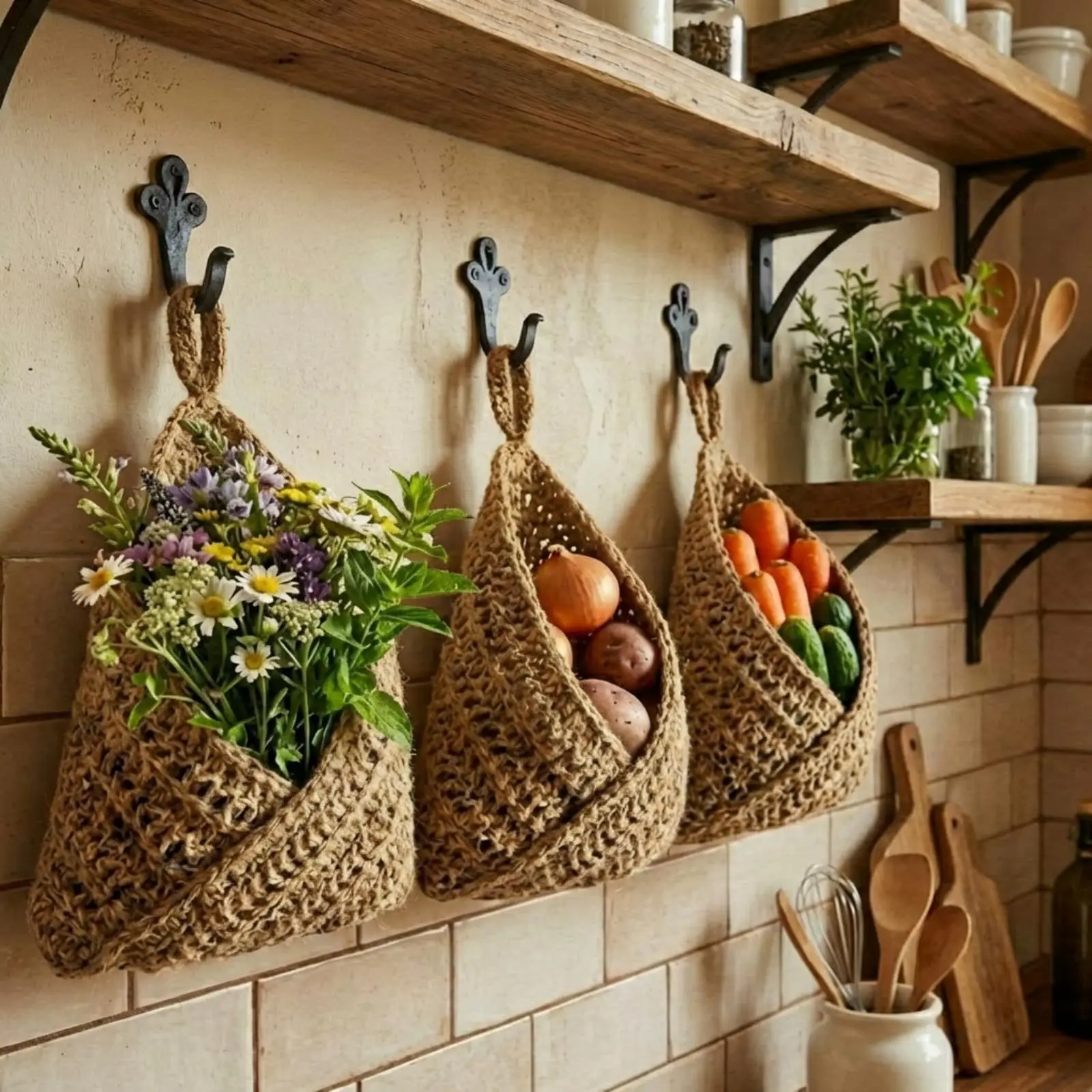 Handgefertigter Hängekorb Wandmontierter Aufbewahrungskorb Boho Geflochtener Seilkorb Obst-Organizer Pflanzenhalter Küchendekoration
