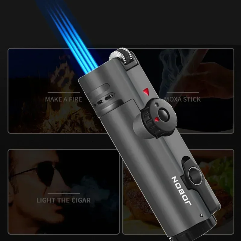 JOBON Inflatable 4 Torch Jet Windproof Lighter Metal Grinding Wheel Flint Lighter Gas Butane Inflatable Gift Cigar Lighter