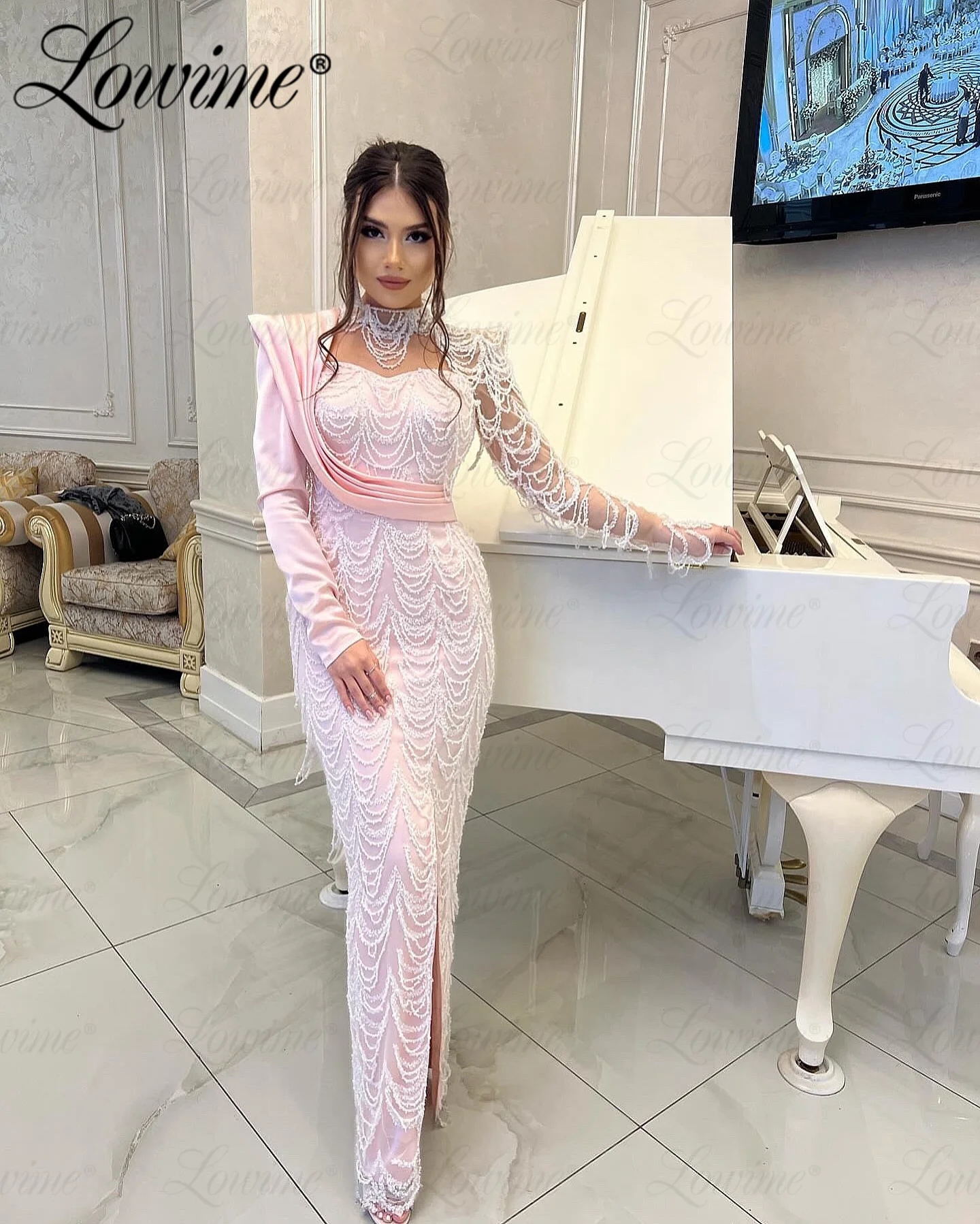 

Pink Silver Evening Dresses Formal Long Sleeve Mermaid Arabic Party Gowns For Weddings Robe Beaded Aso Ebi Second Reception Wear