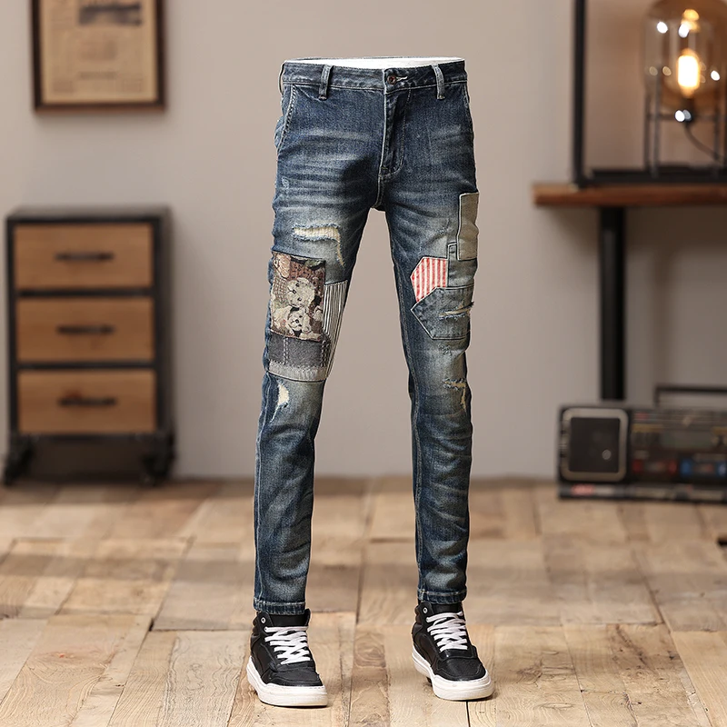 Italian Fashion High-Quality Elastic Slimming Jeans Nostalgia Patch Washed Blue Y2K Style High Waist Pants
