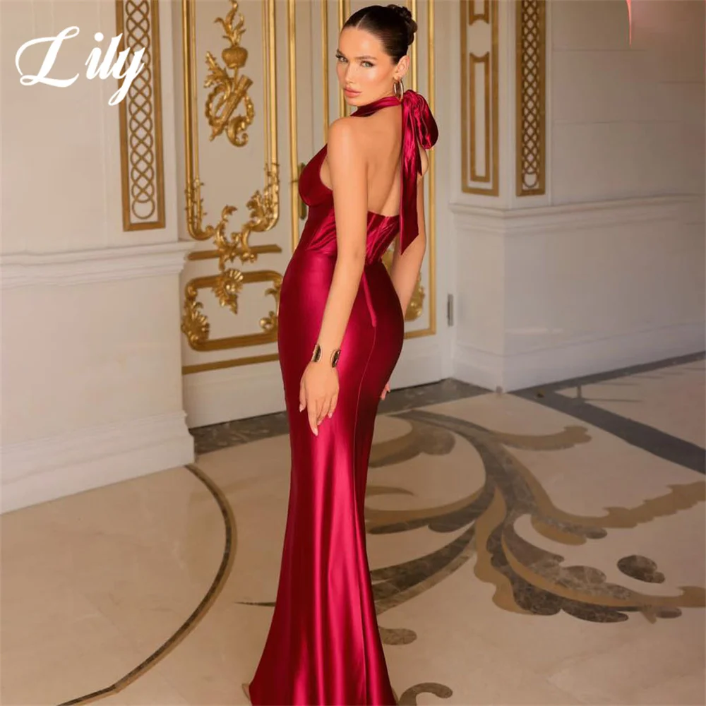 Lily Burgundy Mermaid Sexy Evening Dresses Charming Stain Prom Dress Halter V Neck Party Dresses with Split vestidos de noche