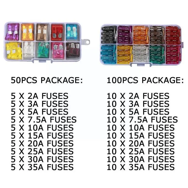 100pcs 50pcs Car Fuses 2a 3a 5a 7.5a 10a 15a 20a 25a Fuse Truck 35a Amp Type Set Assortment Box With Clip Auto 30a L1f9