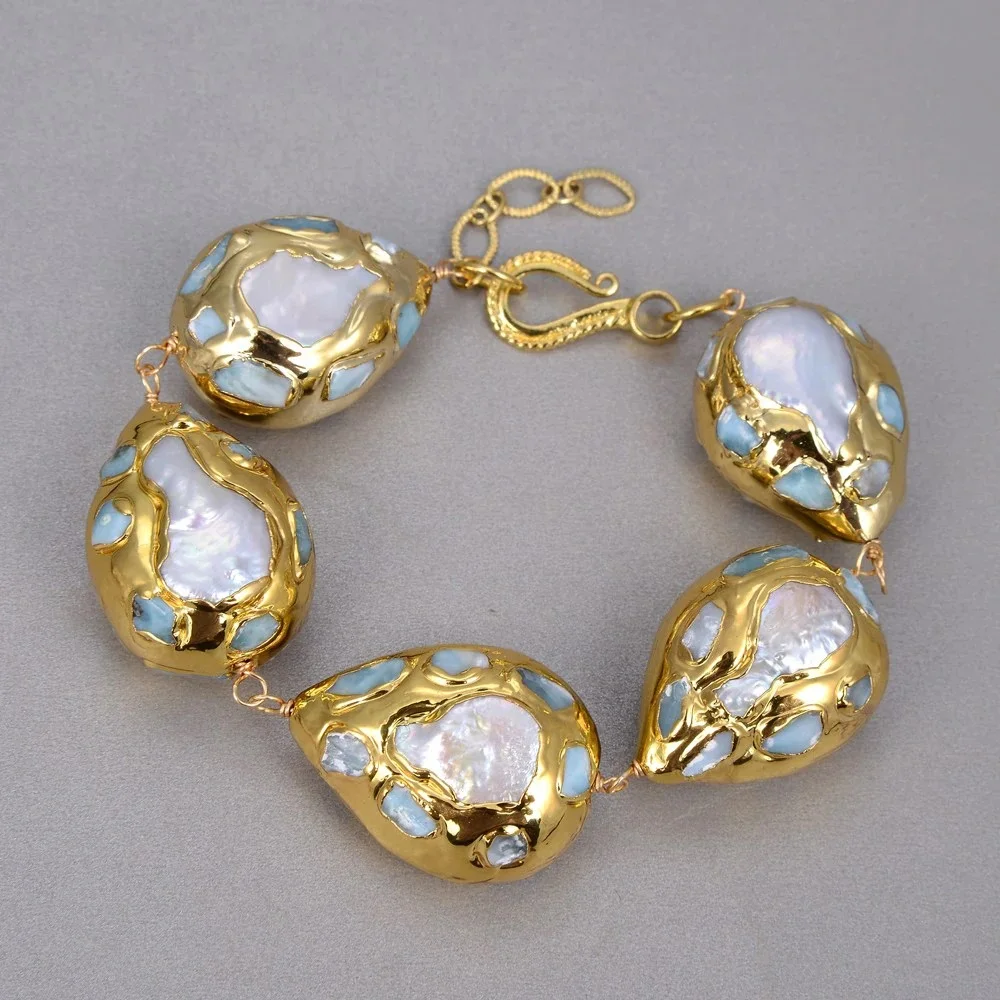 Natural White Coin Freshwater Pearl Teardrop Blue larimars Chips Pave Gold Color Plated Wrap Bracelet 9