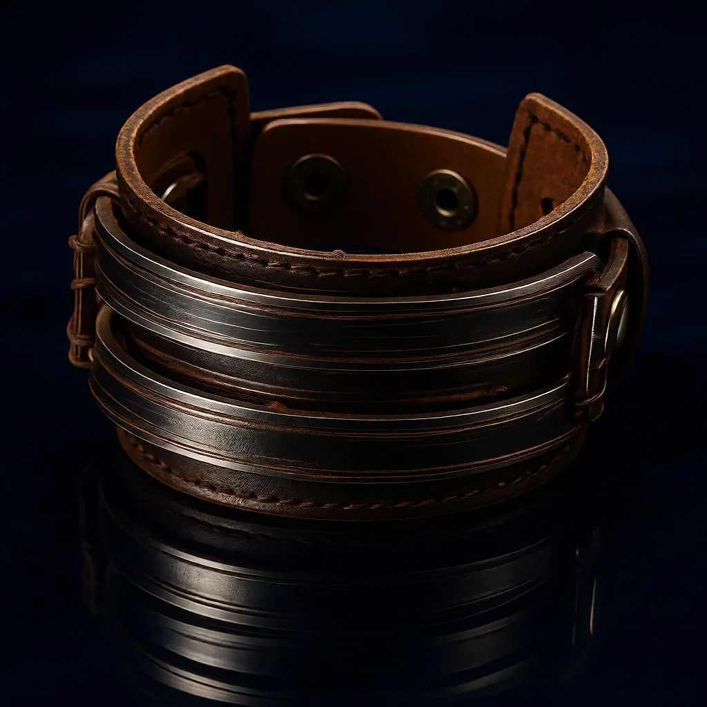 

Широкий металлический браслет из натуральной кожи для мужчин с застежкой-кнопкой