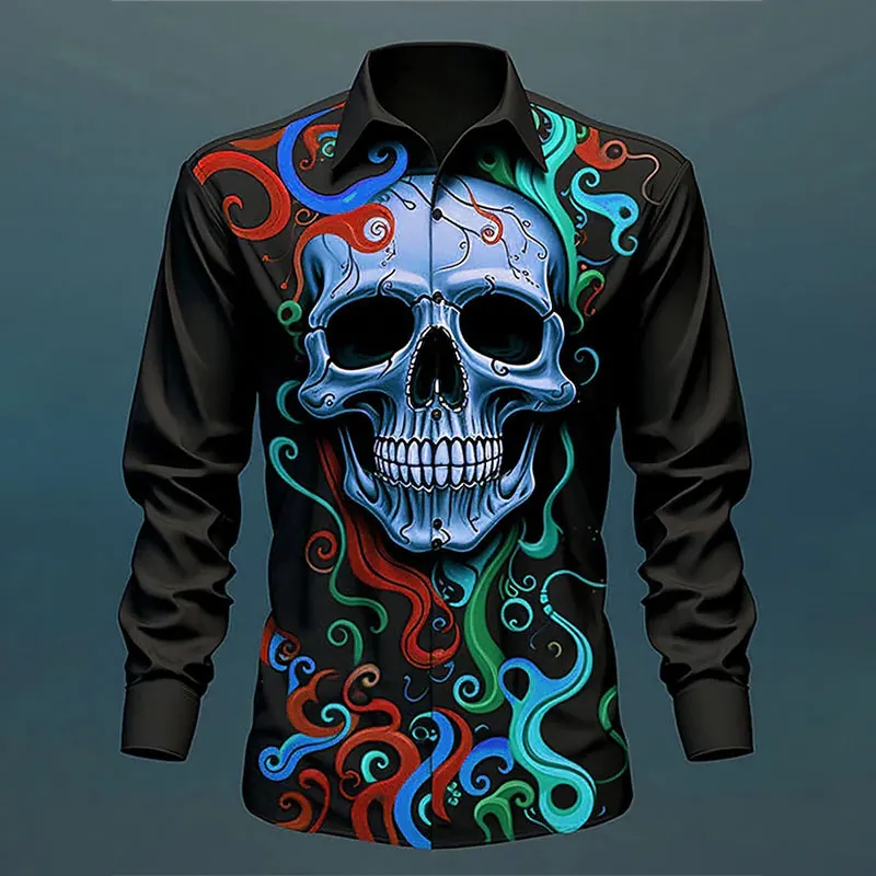 2024 New Men's Fall Long Sleeve Polo Collar Men's Temperament Shirt 3D Skull Print Comfortable Men's Halloween Party Costume