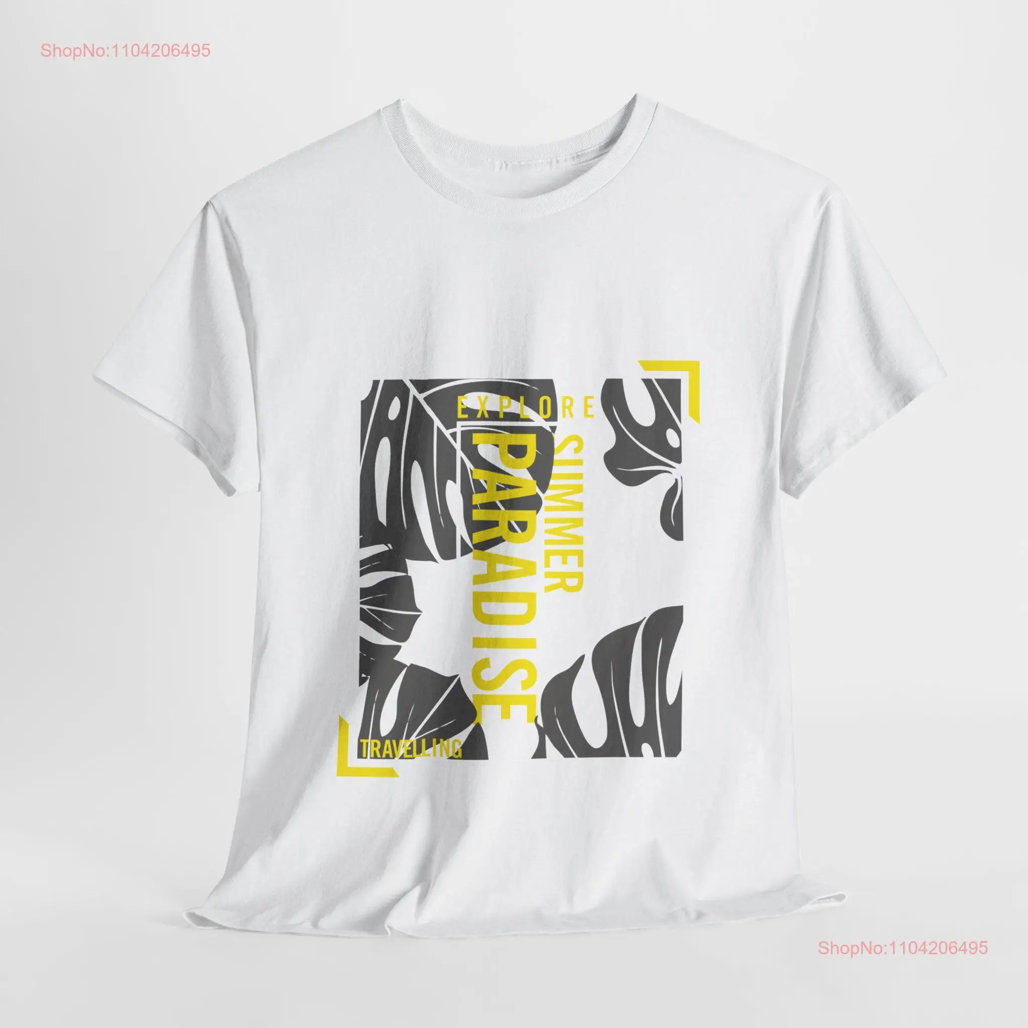 Explore Summer Paradise Travel Inspired T Shirt with Bold Tropical Leaf Print and Vibrant Yellow Accents