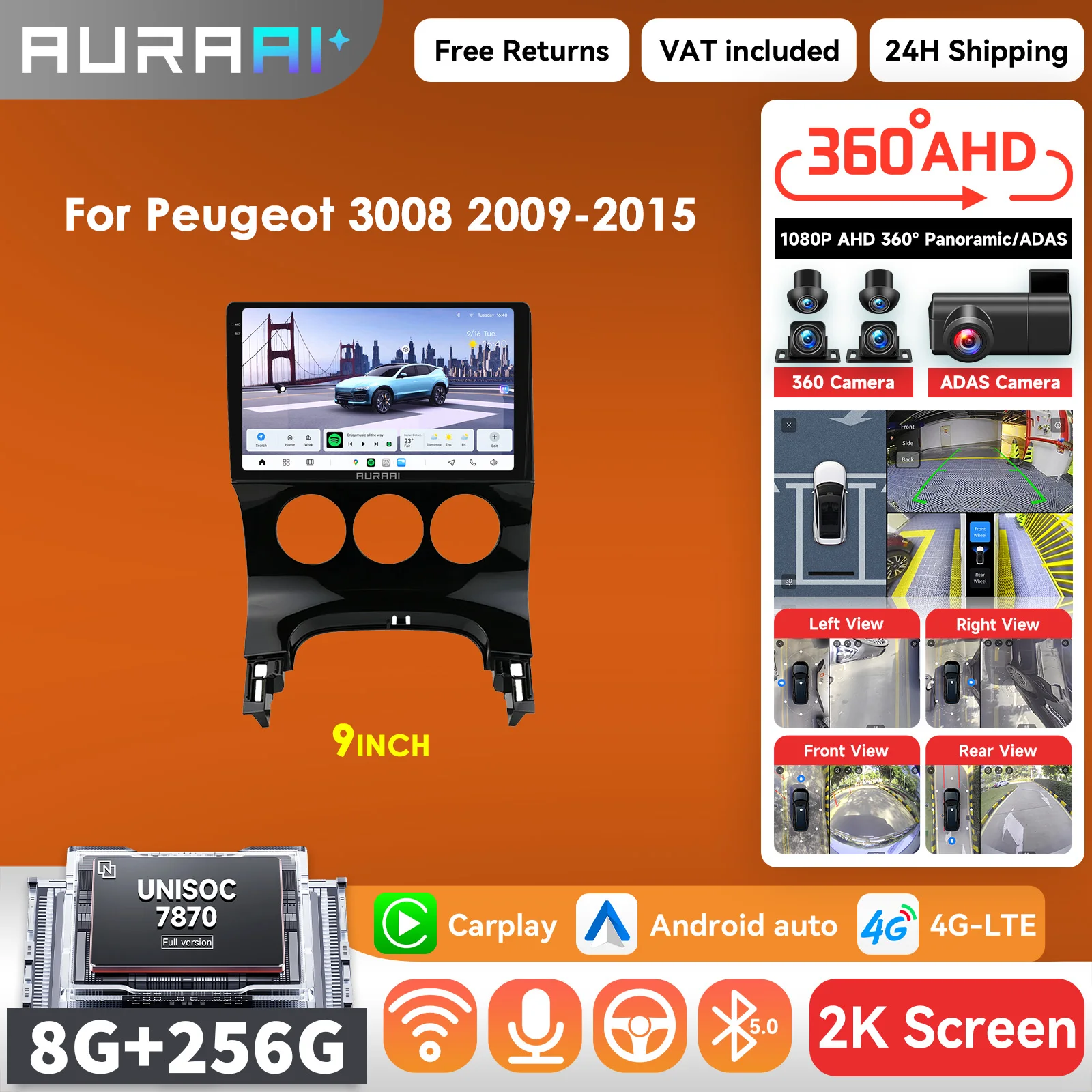 Écran intelligent de voiture Android 2K AURAAI 8+256G pour Peugeot 3008 2009 - 2015, commande vocale AI, Carplay, ADAS, caméra 360°, écran GPS