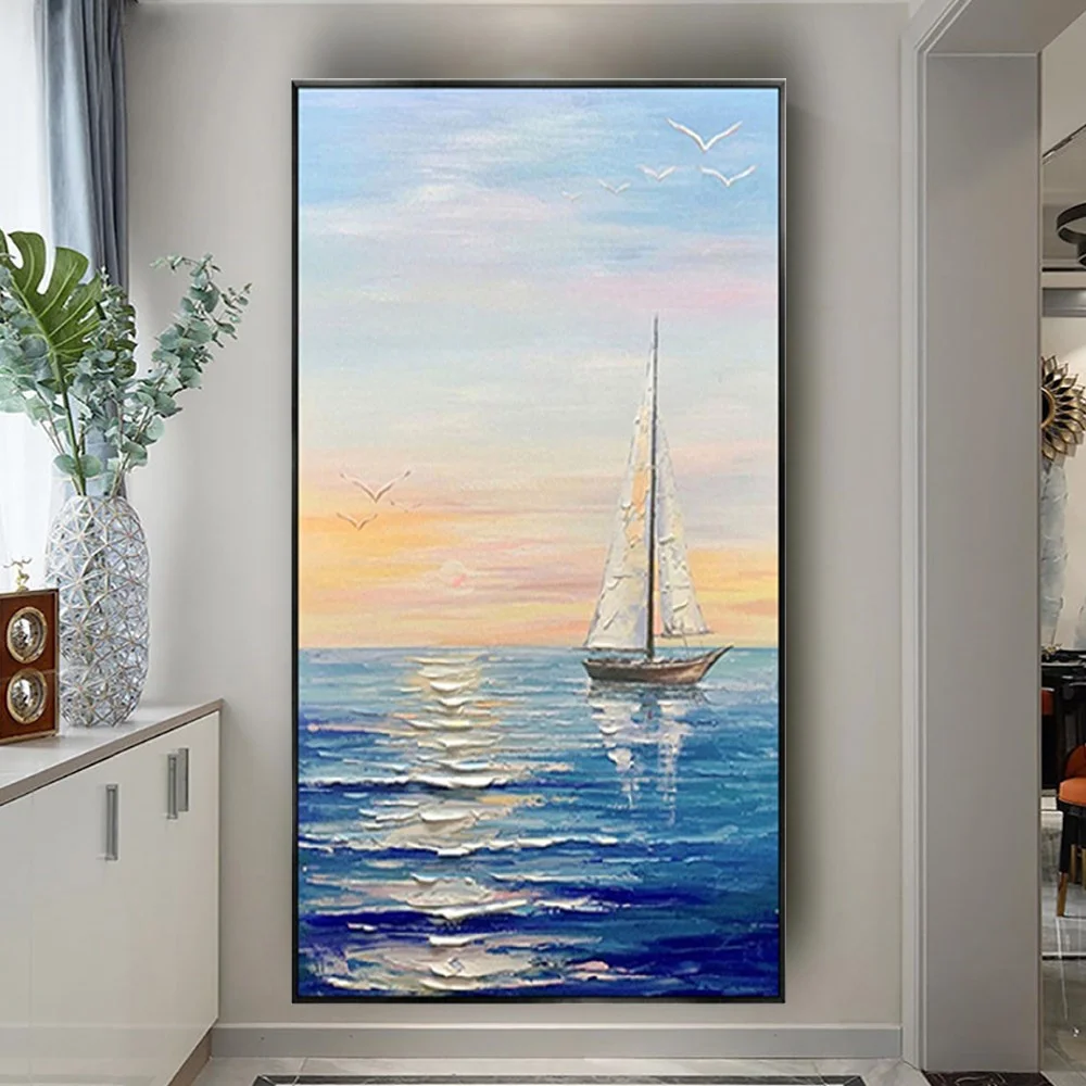 

Hand-Painted Sailing Boat And Wave Seascape Scenery Oil Painting On Canvas Poster Color Ship Wall Art Picture For Living Room