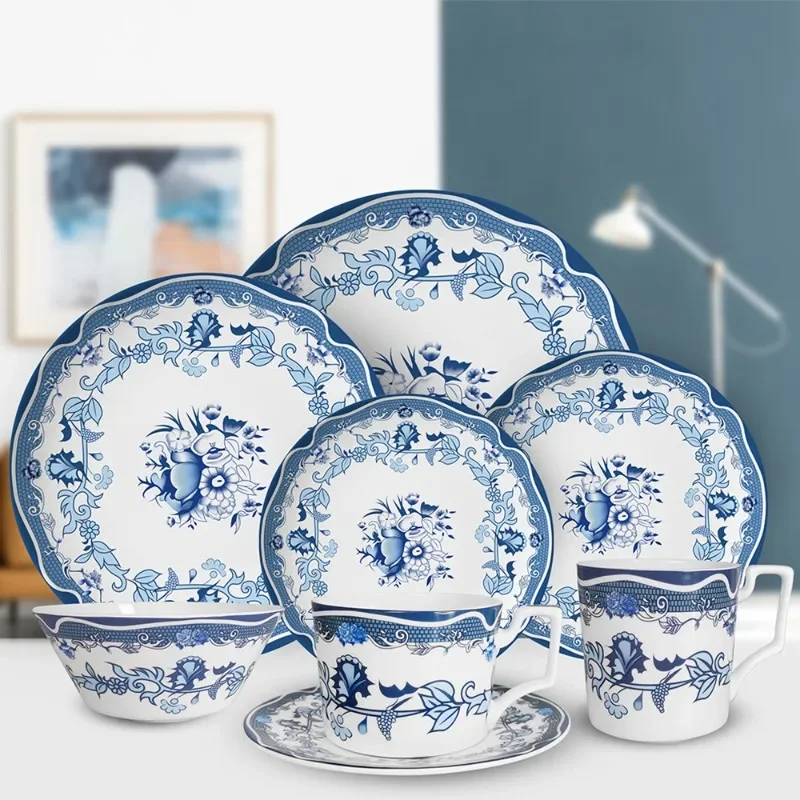 Chinese Style Blue and White Porcelain Plates Exotic Bone Porcelain Plates, Tableware Set Hotel Home High-end Accessories