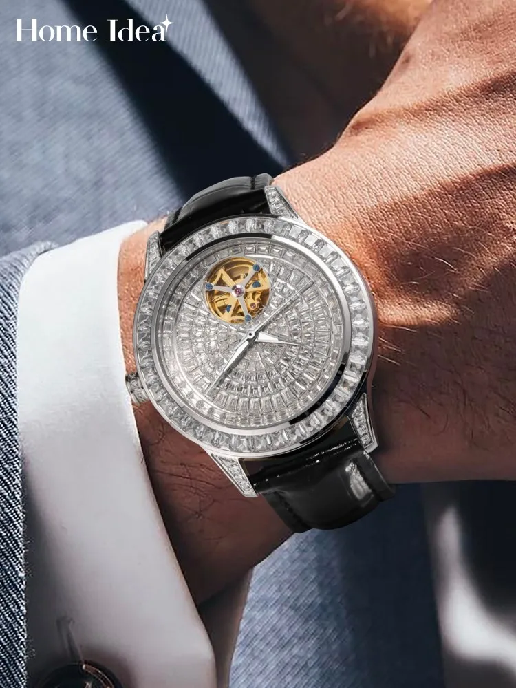 

Дизайнерские мужские автоматические механические часы с бриллиантами, светящиеся, деловые, повседневные, с ремешком из натуральной кожи, наручные часы из нержавеющей стали