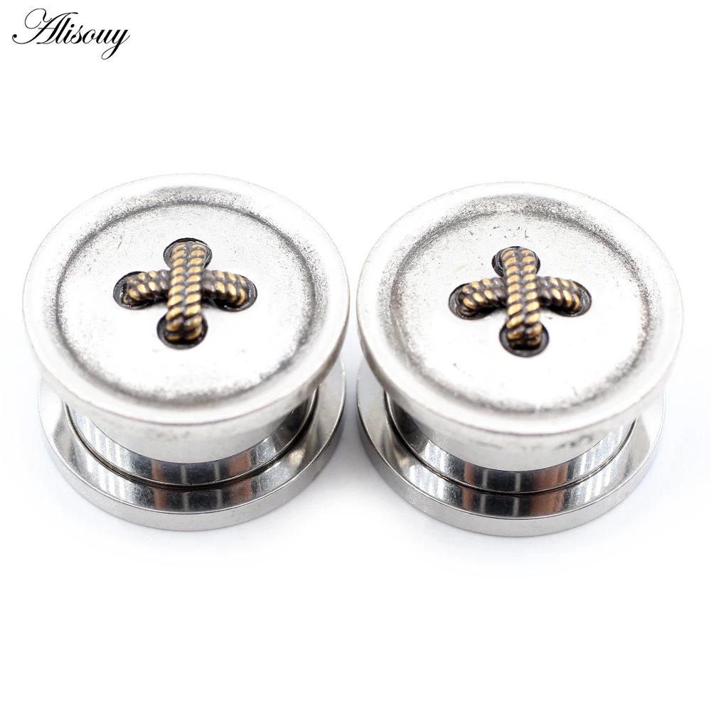 Alisouy 2PCS Stainless Steel Button Zipper Shoelaces Ball Ear Tunnel Plug Expander Stretcher Gauge Earring Piercing Body Jewelry