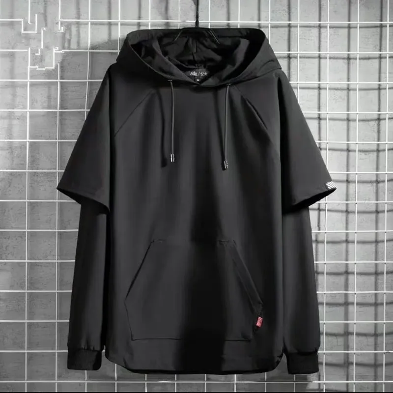 Hoodie Men Korean Loose Hooded Casual Fake Two Sweatshirt Spring Autumn Long Sleeve Black Pullover Male Solid Pocket Tops