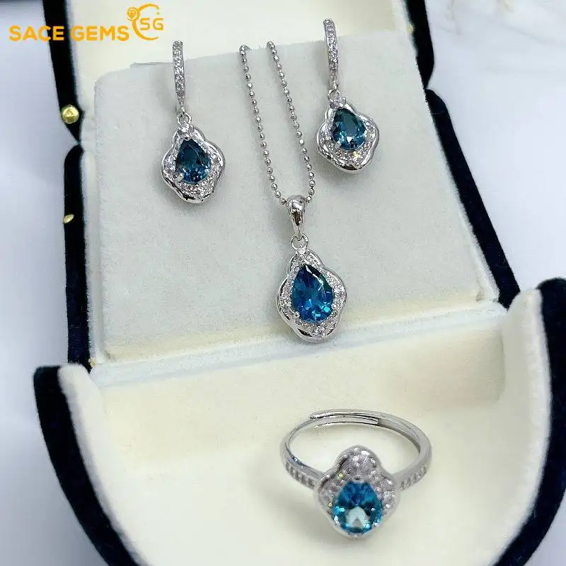 

SACEGEMS 6*9MM London Blue Topaz 925 Sterling Silver Rings Ear Clip Pendant for Women Engagement Cocktail Party Fine Jewelry Set