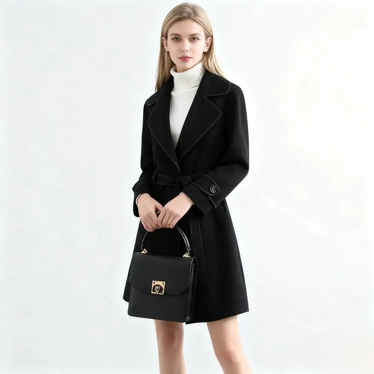 

Wool Blend Coats Womens Woolen Coat Crafted Beige Winter Suede Fleece-Lined Contrasting Color-Blocked Button-Up Cropped Pleats