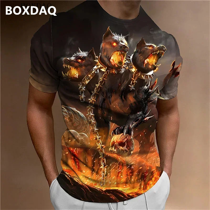 Animal Beast Fierce Wolf 3d T-shirt Short Sleeve Cerberus Graphic Men's Oversized Tops Summer 3D Abstract Printed Man Tees