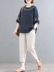 2 Piece Sets Women Casual Tops And Pants New Arrival 2022 Summer Simple Style Vintage Embroidery Loose Female Cotton Suits D209