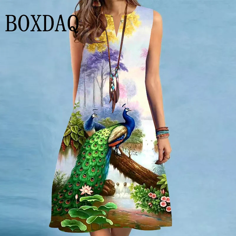 Retro 3D Print Women Dresses 2025 New Summer Sleeveless Peacock Pattern Loose A-Line Dress Loose Casual V-Neck Party Midi Dress