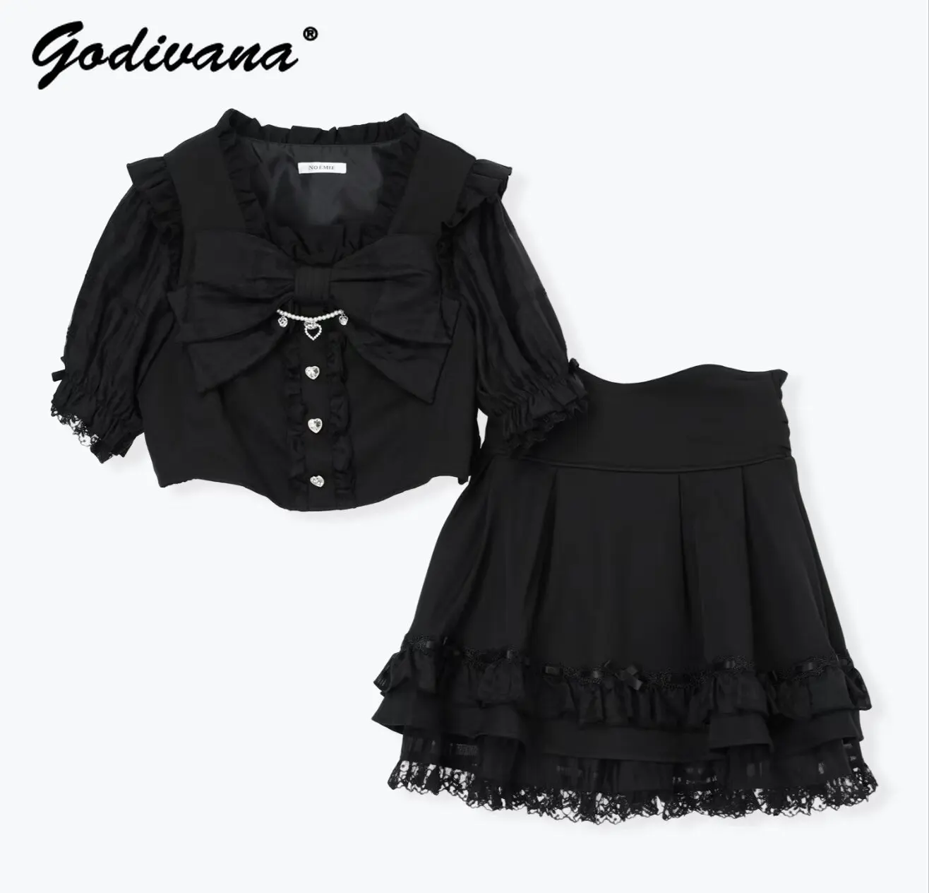 Japanese Style New Summer Sweet Girls Big Bow Short Sleeve Lolita Shirt Top and Cake Skirt 2 Piece Set Women's Skirt Suits