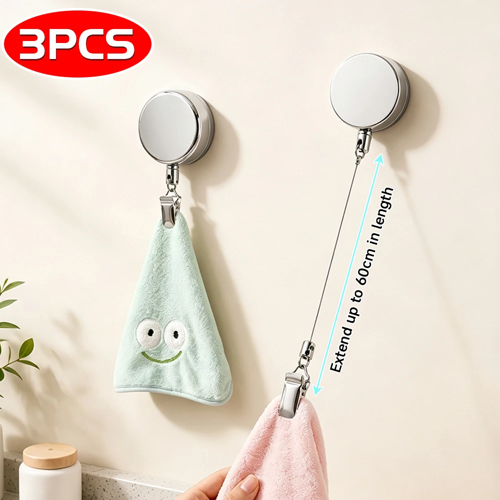  Automatic Retractable Towel Rack No-Drill Self-Adhesive Wall Mounted Hanging Towel Holder Bathroom Kitchen Towel Hanger Hook
