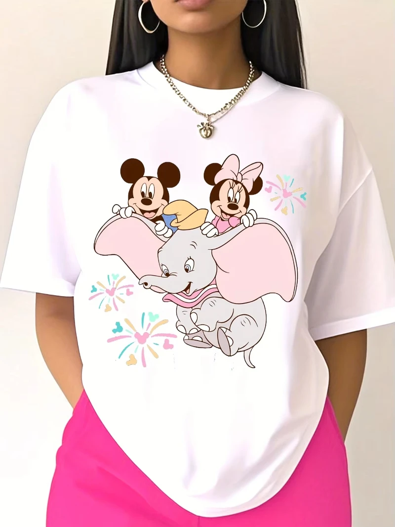 

MINISO 2025 Mickey Minnie and Dumbo cartoon print short-sleeved T-shirt Cute and innocent style Suitable for women's daily wear