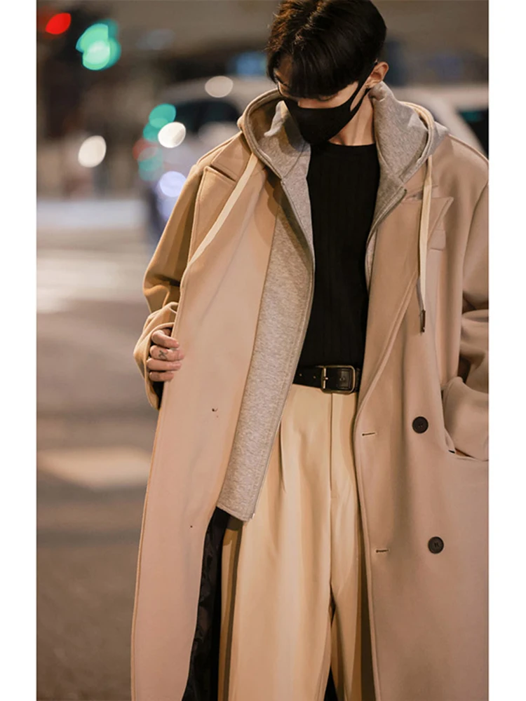 

Модное мужское шерстяное пальто с капюшоном средней длины, повседневная мода, элитная осенне-зимняя верхняя одежда в Корейском стиле