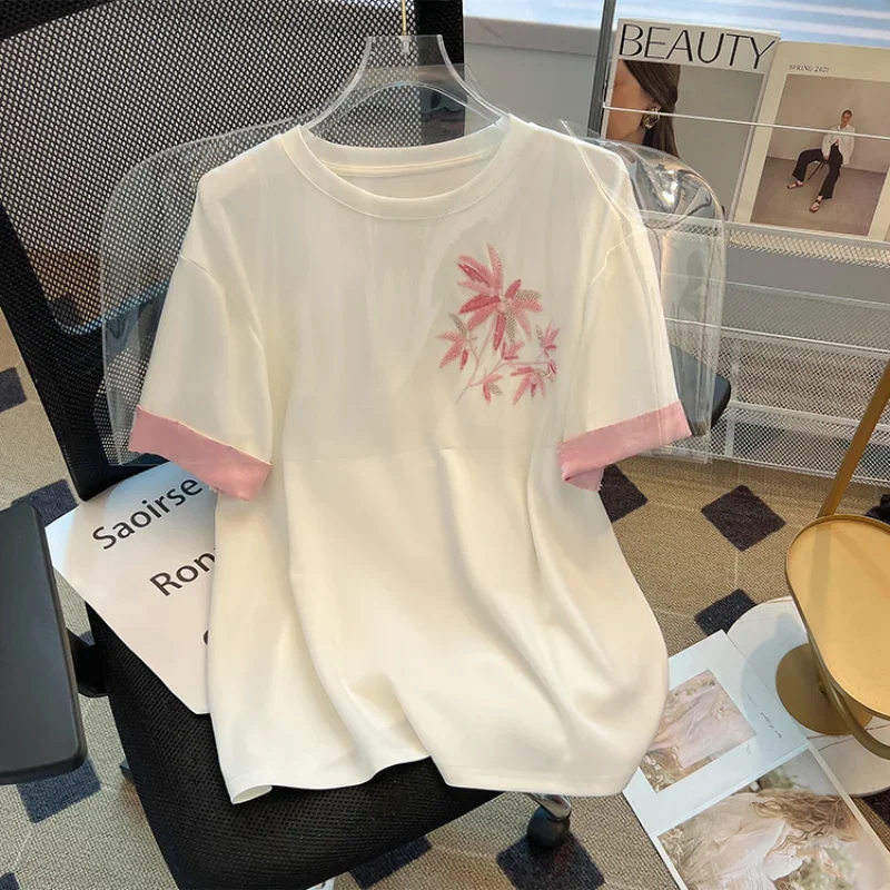 Camiseta de algodón de estilo chino para mujer, camisetas de verano de manga corta, Tops holgados para mujer, ropa bordada con cuello redondo Vintage, ventas