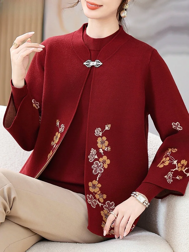 

Faionable Knitted Base Layer Top And Coat Set for Middle-Aged And ly Women Autumn Wear Straight Cut Regular Sve But...