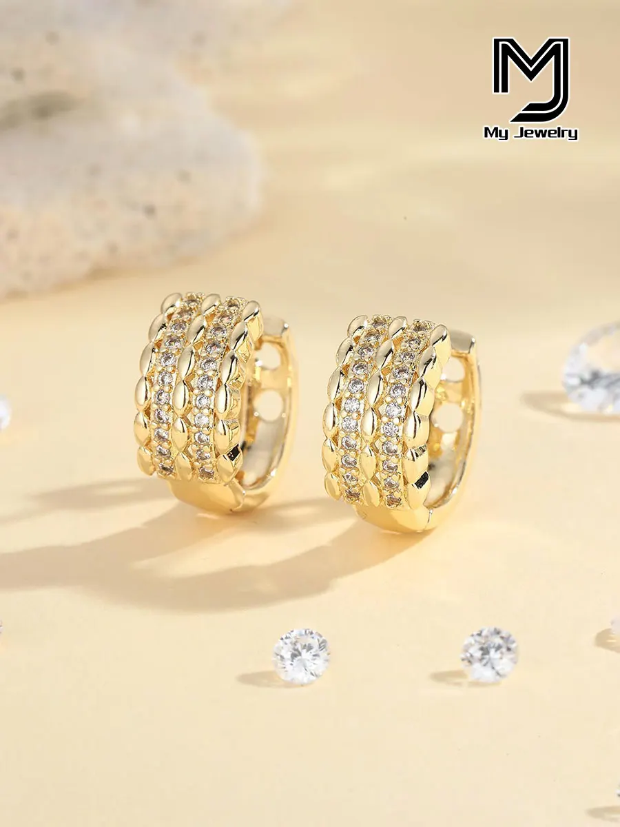 Fashionable Women's Light Luxury Double-Row Exquisite Zircon Copper Earrings, 14K Gold-Plated, High-End Feel, Gift for Girls, Party, Simple Luxury, Platinum-Plated, Gift for Girlfriend, Daily Wear