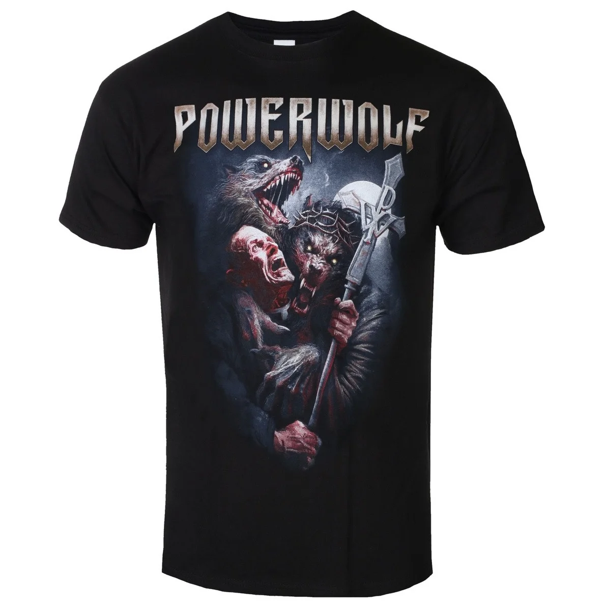 Camiseta con gráfico de luna oscura, lobo gemelo ulugando, bastón de hombre lobo, corona de espinas, sacerdote del trueno de doble cara, banda Powerwolf
