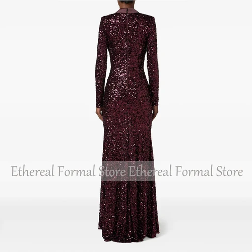 Imagen 2 del producto Vestido de noche brillante con lentejuelas color Burdeos oscuro para mujer, vestido saudí con cuello en V, vestido de fiesta Formal hasta el suelo, vestido de graduación