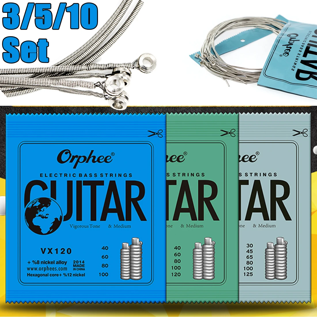 3/5/10 Set Orphee Bass Guitar Strings VX120 Medium Carbon Steel Hexagonal Core Alloy Wound Electric Bass Guitarra Accessories