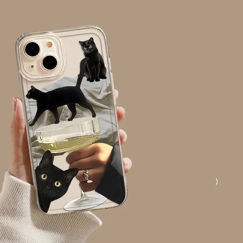 Etui na telefon Black Cat Dog do iPhone'a 16 15 11 12 14 13 Pro Max Mini Plus XSM XR SE2 7 8 Cartoon Animal Mobile Phone Cover Fundas