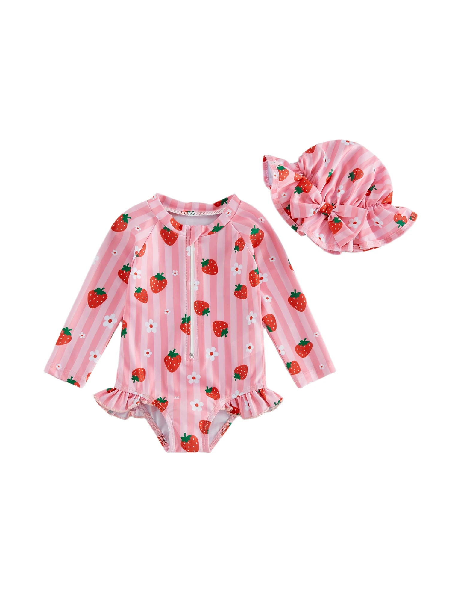 

Baby Girl Swimsuit Watermelon Seashell Print Zipper Rash Guard Bathing Suit with Matching Swim Hat