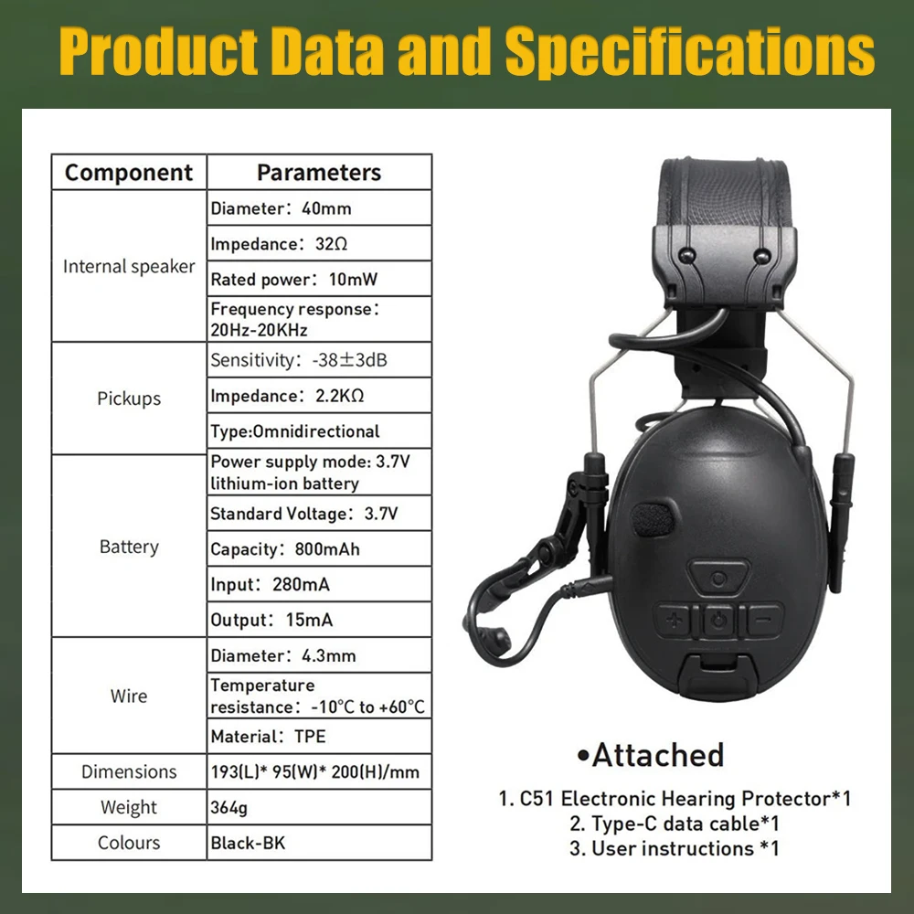 EARMOR C51 Electronic Hearing Protector Bluetooth 5.1 Noise Cancellation Earmuffs with Microphone Communication Tactical Headset