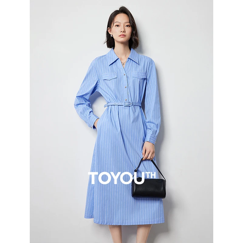 TOYOUTH Women Dress 2024 Autumn New Blue and White Striped Slim Waist Mid Length Elegant Office Lady Shirt Dress With Waistband