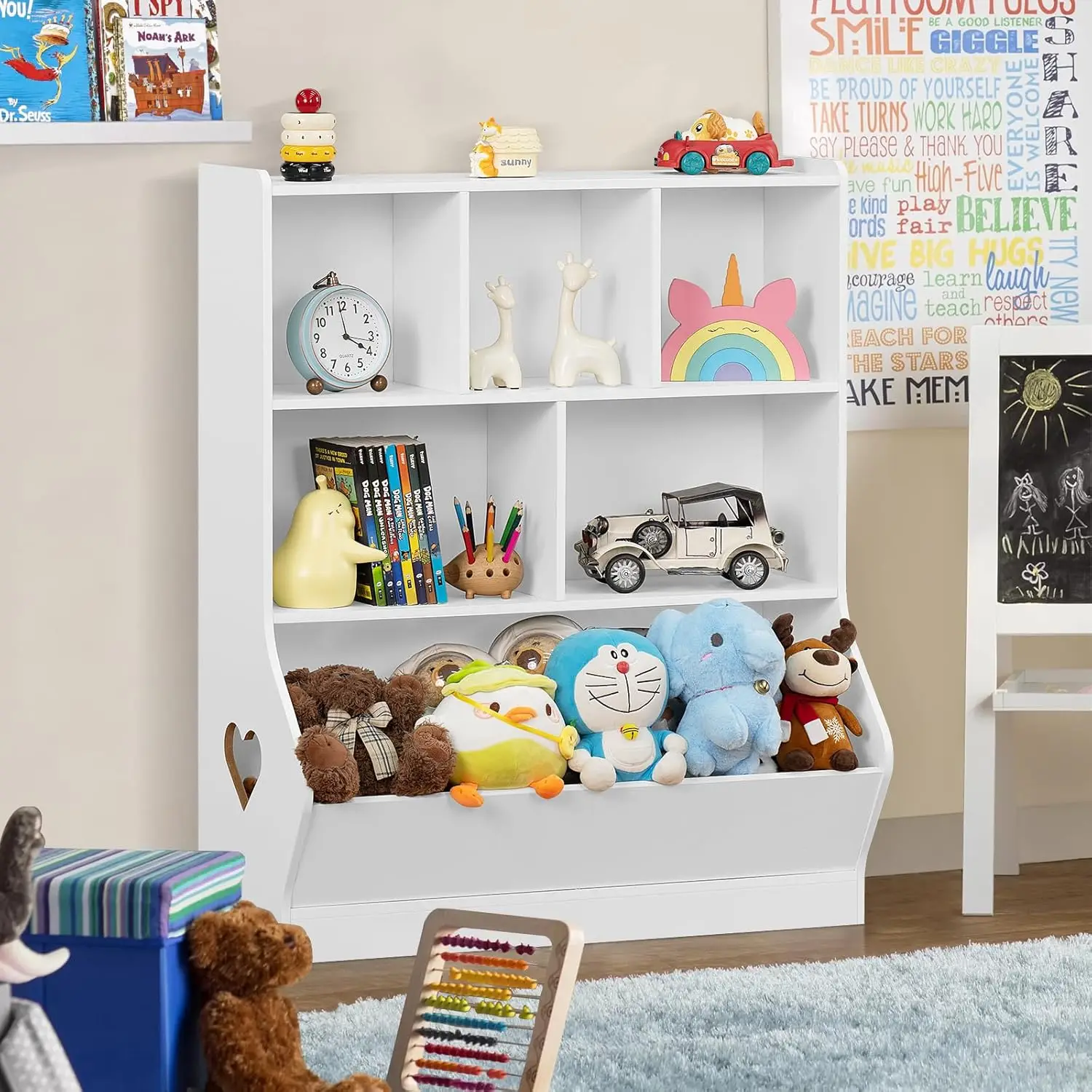 Kids Storage Organizer, 3 Tier Children Bookcase and Bookshelf, Toddler 6 Cubby Cabinet, Wood Book Shelf for Playroom, Bedroom,