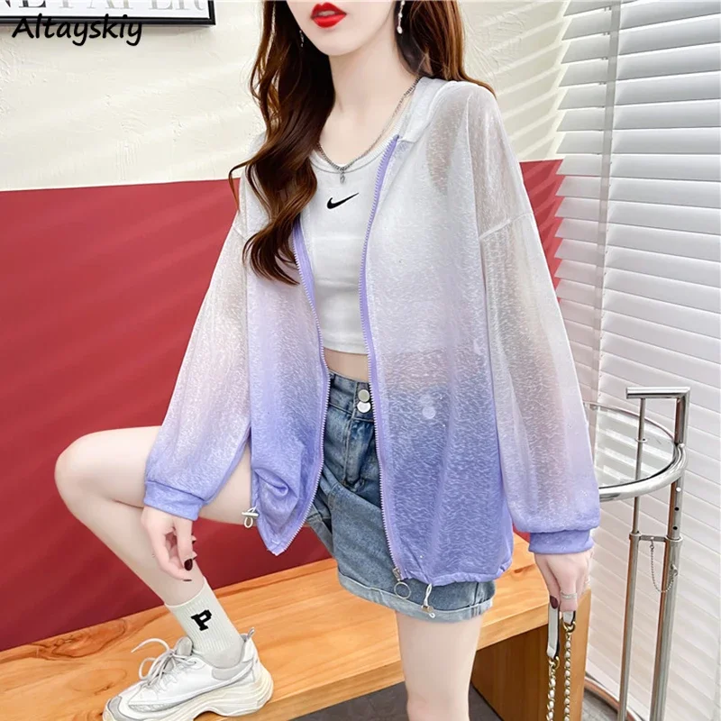 Sun-proof Jackets Women Gradient Hooded Loose Basic Chic All-match Cool Streetwear Sporty Teens Ulzzang Chaqueta Mujer Summer BF