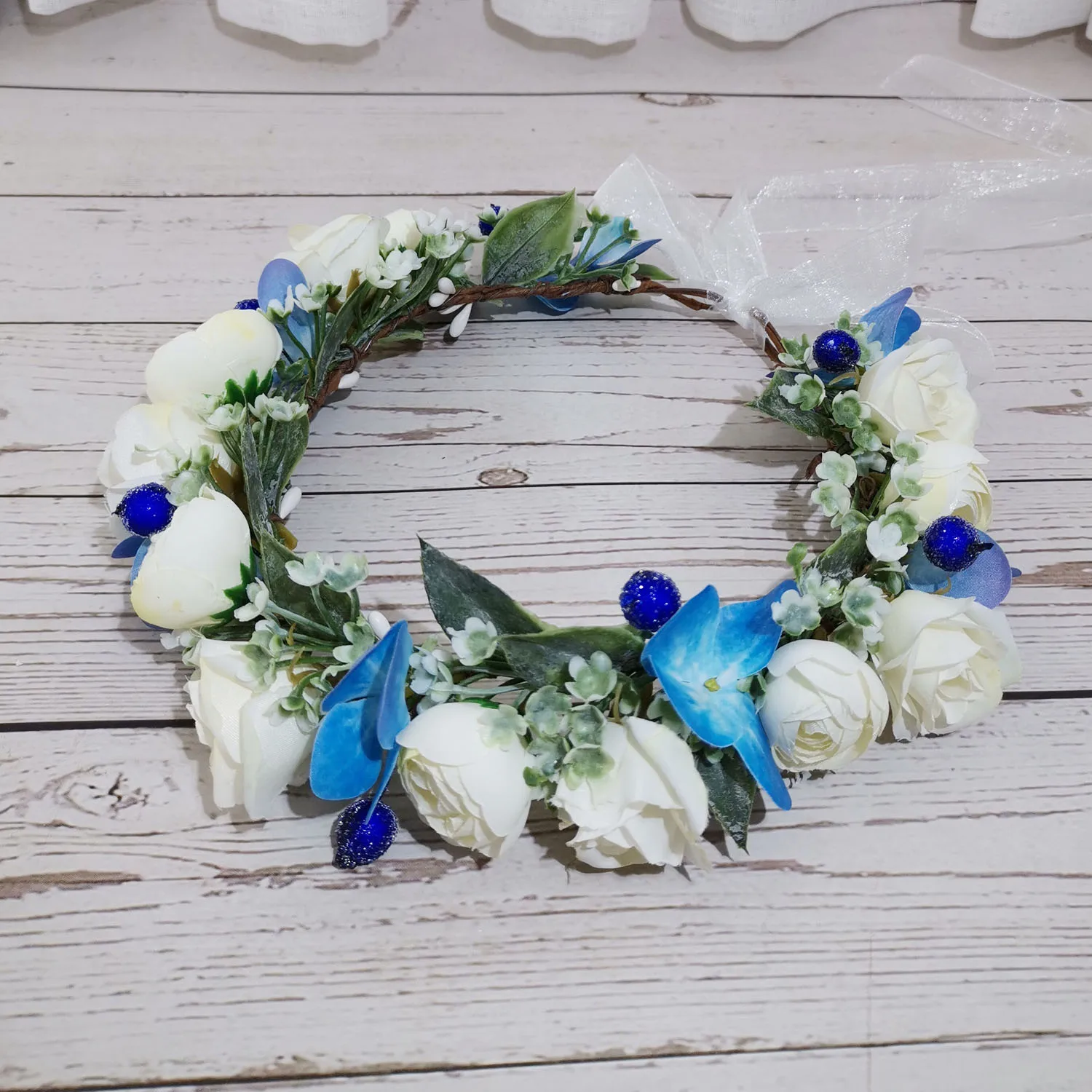 Blue White Flower Crown Wedding Hair Accessories Girls Flower Wreath Headband Floral Garlands Women Bride Hair Ornaments